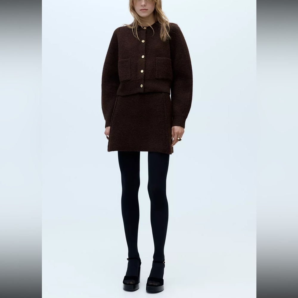 Zara Espresso Knit Matching Shirt & Skirt Set - Small